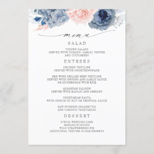 Navy Blue and Pink Floral Modern Wedding Menu