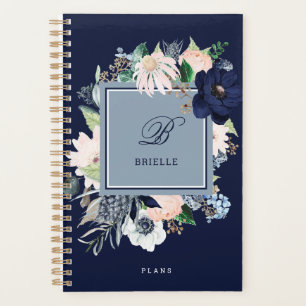 Navy Blue and Pink Floral Name and Monogram Planner