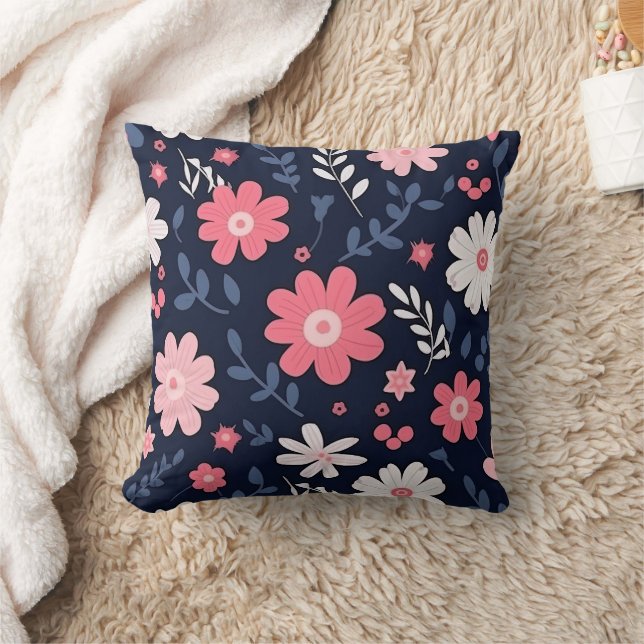 Navy Blue and Pink Floral Paisley Cushion (Blanket)