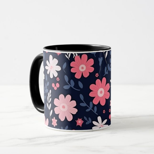 Navy Blue and Pink Floral Paisley Mug (Front Left)