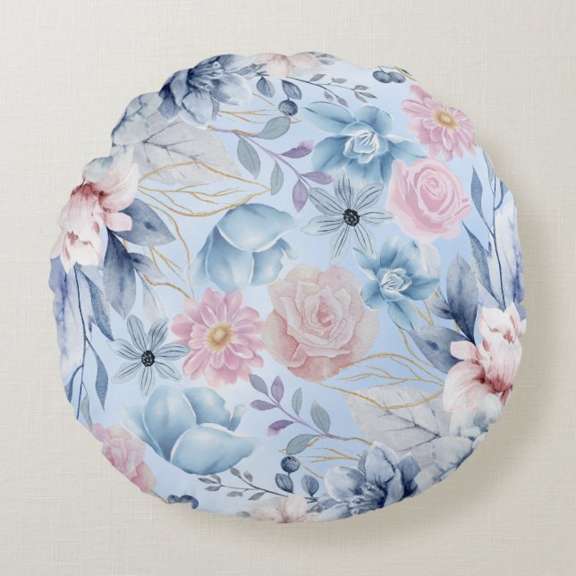 Navy Blue And Pink Floral Round Cushion (Front)