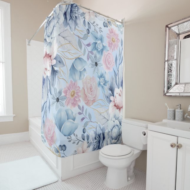Navy Blue And Pink Floral Shower Curtain (In Situ)