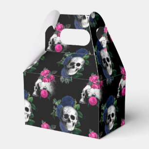 Navy Blue and Pink Floral Skulls Gothic Wedding Favour Box