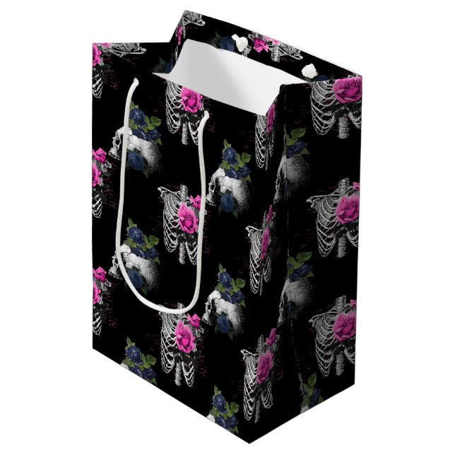 Navy Blue and Pink Floral Skulls Gothic Wedding Medium Gift Bag (Front Angled)