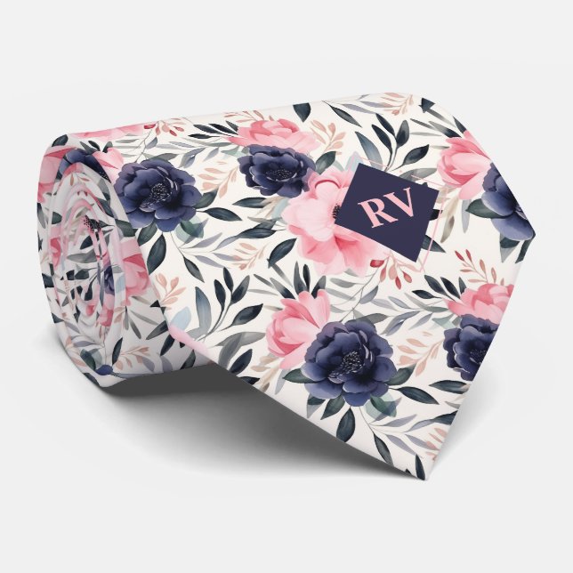Navy Blue and Pink Floral Watercolor Tie (Rolled)