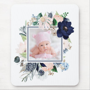 Navy Blue and Pink Floral with your Photo Mouse Mat