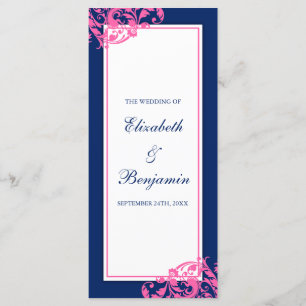Navy Blue and Pink Flourish Swirls Wedding Program Programme