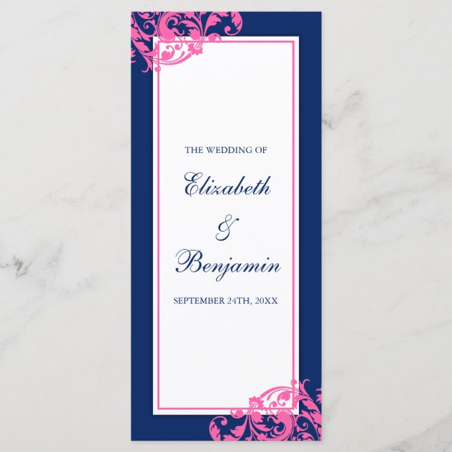 Navy Blue and Pink Flourish Swirls Wedding Program Programme (Front)