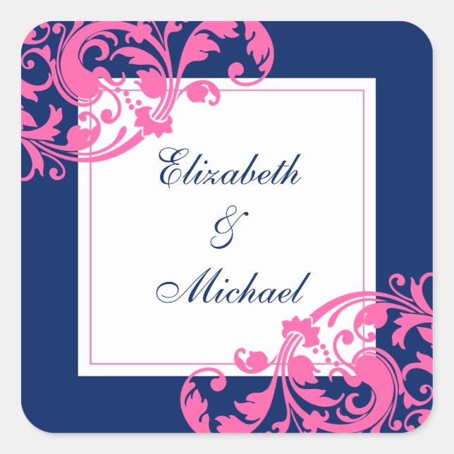 Navy Blue and Pink Flourish Swirls Wedding Square Sticker (Front)