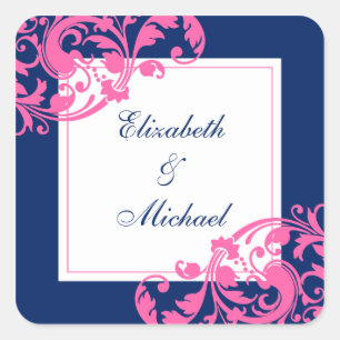 Navy Blue and Pink Flourish Swirls Wedding Square Sticker