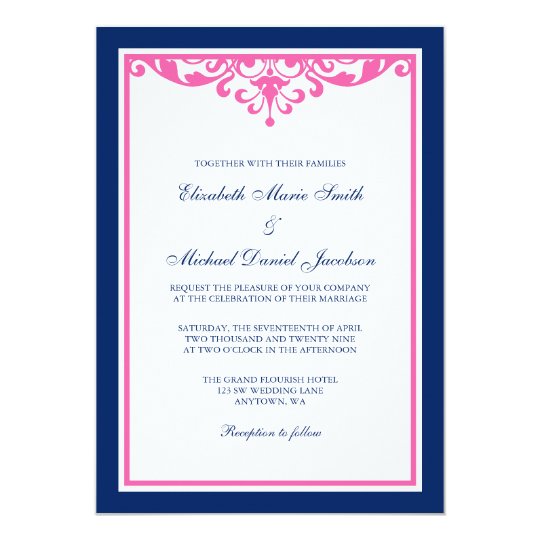 Navy Blue and Pink Flourish Wedding Invitations