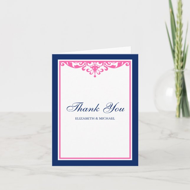 Navy Blue and Pink Flourish Wedding Thank You Card (Front)