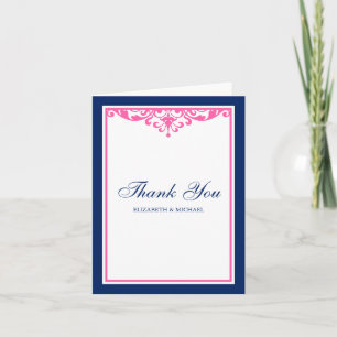 Navy Blue and Pink Flourish Wedding Thank You Card