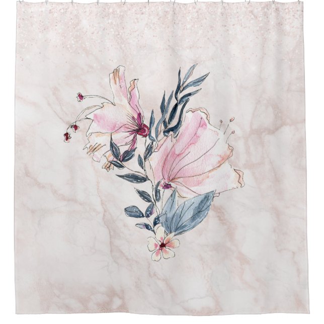 Navy Blue and Pink Flower on Marble Shower Curtain (Front)