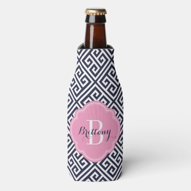Navy Blue and Pink Greek Key Monogram Bottle Cooler (Bottle Front)