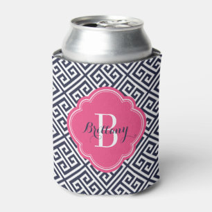 Navy Blue and Pink Greek Key Monogram Can Cooler