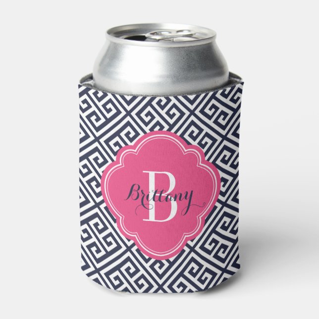 Navy Blue and Pink Greek Key Monogram Can Cooler (Can Front)