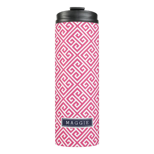 Navy Blue and Pink Greek Key Monogram Thermal Tumbler (Front)