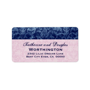 Navy Blue and Pink Grunge Damask Wedding V5 Label
