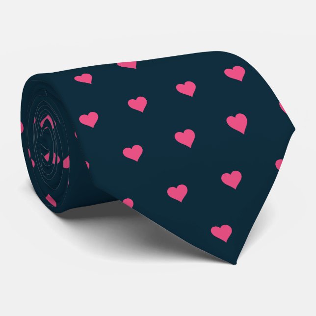 Navy Blue and Pink Hearts Neck Tie (Rolled)