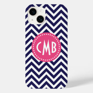 Navy Blue and Pink Modern Chevron Custom Monogram Case-Mate iPhone 14 Case