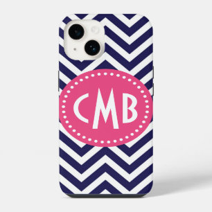 Navy Blue and Pink Modern Chevron Custom Monogram iPhone 14 Case