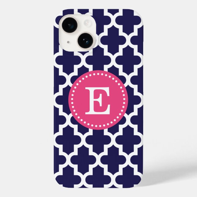 Navy Blue and Pink Modern Moroccan Monogram Case-Mate iPhone Case (Back)