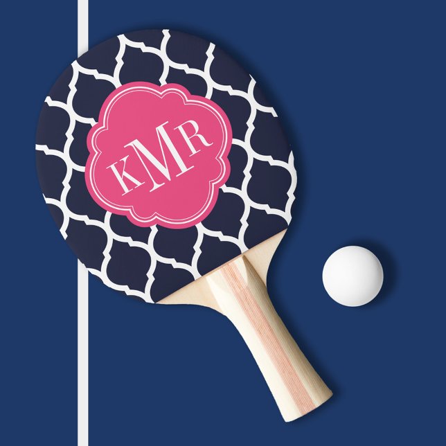 Navy Blue and Pink Moroccan Quatrefoil Monogram Ping Pong Paddle (Creator Uploaded)