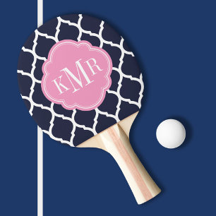 Navy Blue and Pink Moroccan Quatrefoil Monogram Ping Pong Paddle