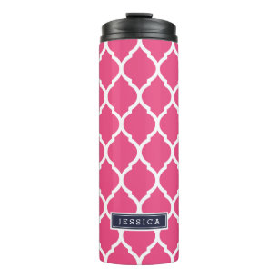 Navy Blue and Pink Moroccan Quatrefoil Monogram Thermal Tumbler