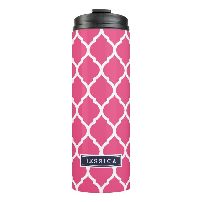 Navy Blue and Pink Moroccan Quatrefoil Monogram Thermal Tumbler (Front)