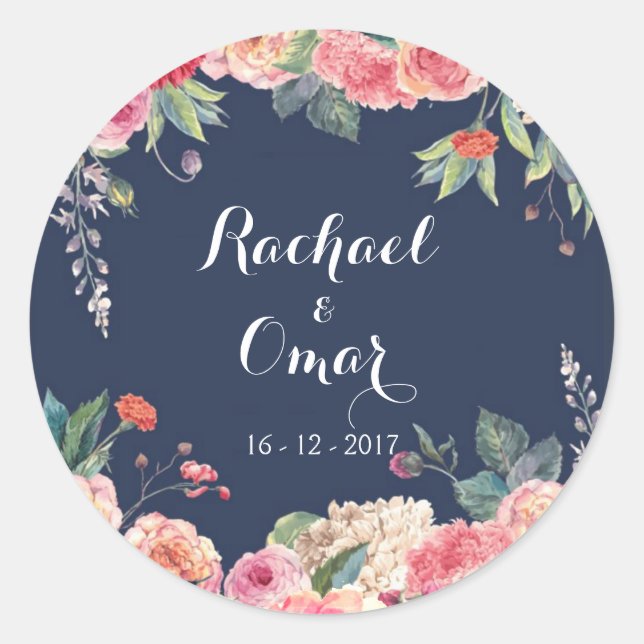 Navy Blue and pink peony Wedding Sticker (Front)