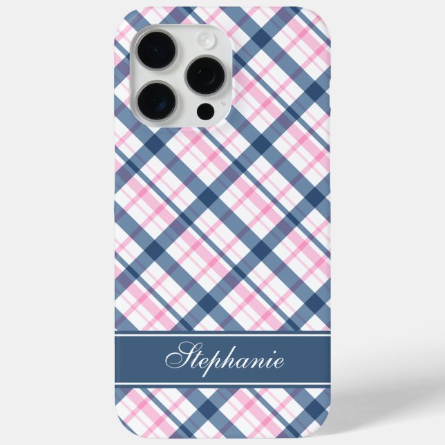 Navy Blue and PInk Plaid Pattern Case-Mate iPhone Case (Back)