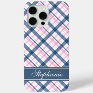 Navy Blue and Pink Plaid Pattern iPhone 15 Pro Max Case