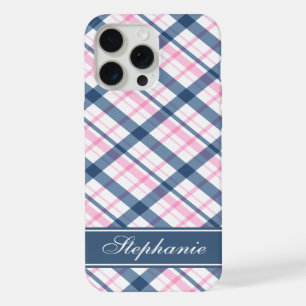 Navy Blue and PInk Plaid Pattern iPhone 15 Pro Max Case