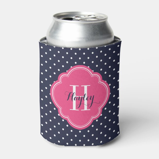 Navy Blue and Pink Polka Dots Monogram Can Cooler (Can Front)