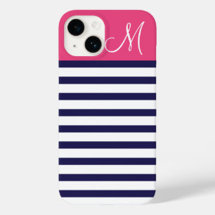 Navy Blue and Pink Preppy Stripes Custom Monogram Case-Mate iPhone 14 Case