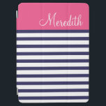 Navy Blue and Pink Preppy Stripes Custom Monogram iPad Air Cover<br><div class="desc">Cute girly trendy chic nautical stripe pattern personalised with your custom monogram name or initials in a colorblock frame. Click the Customise It button to change monogram fonts and colours to create a unique one of a kind design.</div>
