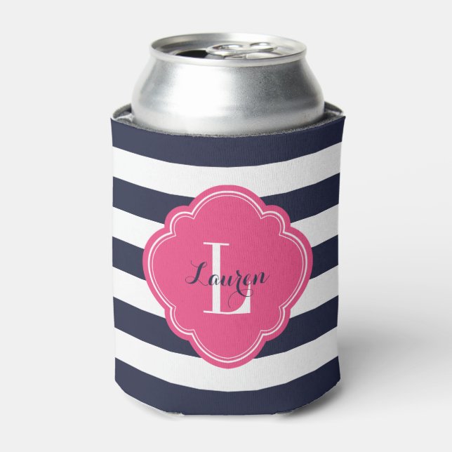 Navy Blue and Pink Preppy Stripes Monogram Can Cooler (Can Front)