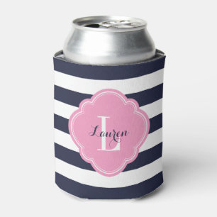 Navy Blue and Pink Preppy Stripes Monogram Can Cooler