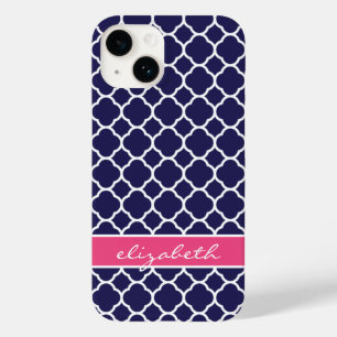 Navy Blue and Pink Quatrefoil Monogram Case-Mate iPhone 14 Case