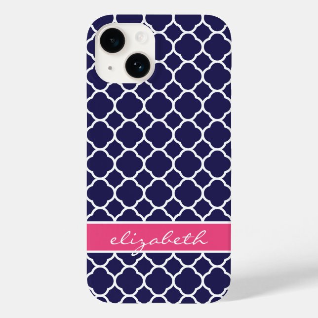 Navy Blue and Pink Quatrefoil Monogram Case-Mate iPhone Case (Back)