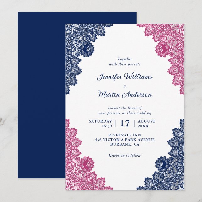 Navy Blue and Pink Rustic Floral Lace Wedding Invitation (Front/Back)
