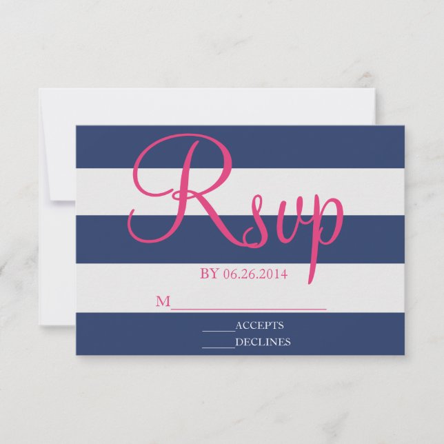 Navy Blue and Pink Stripe RSVP Card (Front)