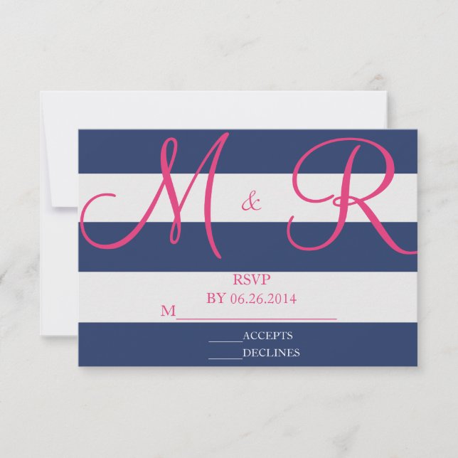 Navy Blue and Pink Stripe RSVP Card (Front)