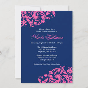 Navy Blue and Pink Swirl Flourish Bridal Shower Invitation