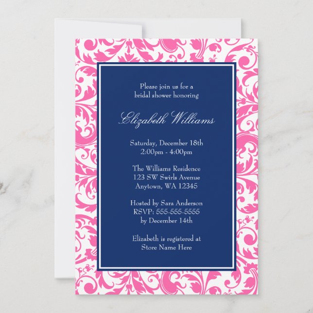 Navy Blue and Pink  Swirls Damask Bridal Shower Invitation (Front)