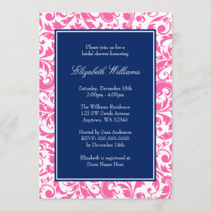 Navy Blue and Pink  Swirls Damask Bridal Shower Invitation