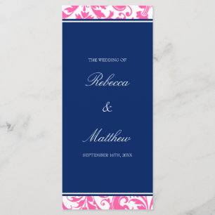Navy Blue and Pink Swirls Damask Wedding Program Programme