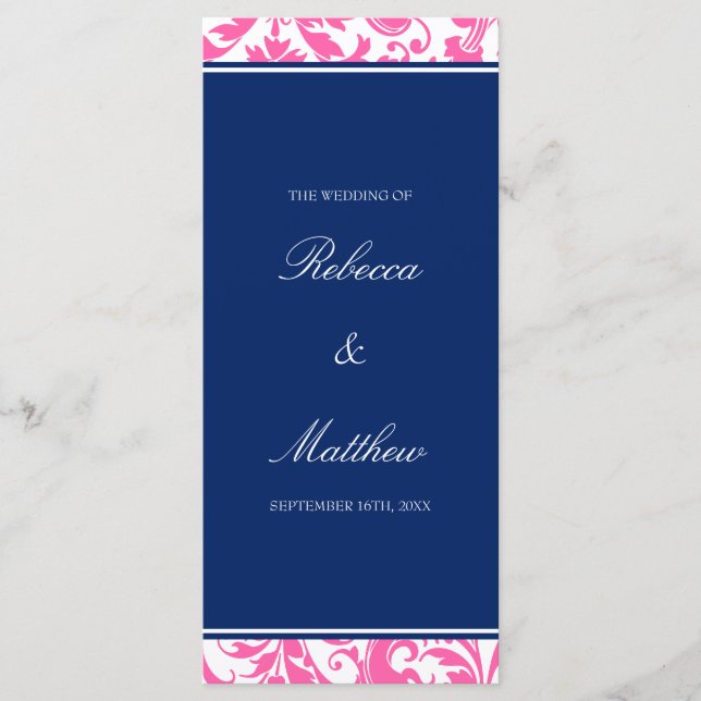 Navy Blue and Pink Swirls Damask Wedding Program Programme (Front)